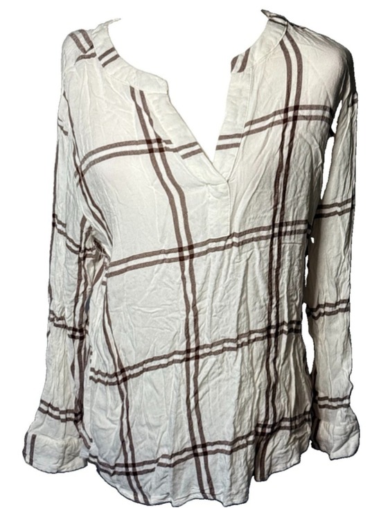 Jane + Delancey Tops - Jane + Delancey Womens Medium Top White Brown Plaid Windowpane Split Neck Boho M